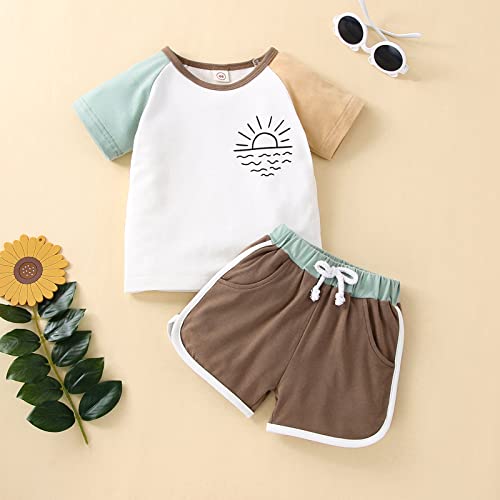 Toddler Baby Girls Boys Summer Clothes Outfit Sun Printed Set Short Sleeve Crewneck T-Shirt Patchwork Shorts Set (Green# Khaki, 9-12 Months) from Cevoerf