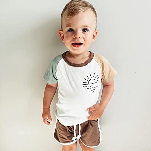 Toddler Baby Girls Boys Summer Clothes Outfit Sun Printed Set Short Sleeve Crewneck T-Shirt Patchwork Shorts Set (Green# Khaki, 9-12 Months) from Cevoerf