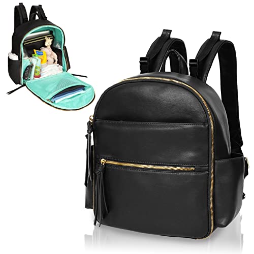 Mini Diaper Bag Backpack Mominside Small Baby Diaper Bag with 11 Pockets, Leather Travel Baby Bag for Baby Girls Boys, DiaperÂ BagÂ Organizers, 2 Insulated Pockets, Stroller Straps, Baby Registry, Black from Guanfang
