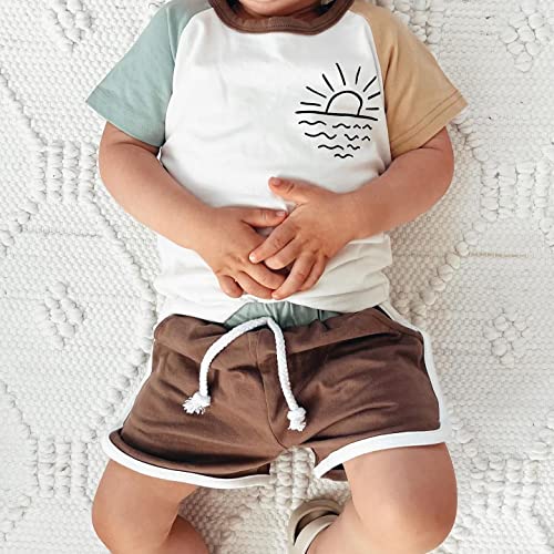 Toddler Baby Girls Boys Summer Clothes Outfit Sun Printed Set Short Sleeve Crewneck T-Shirt Patchwork Shorts Set (Green# Khaki, 9-12 Months) from Cevoerf