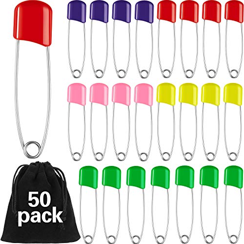 50 Pieces Diaper Pins Baby Safety Pins 2.2 Inch Plastic Head Cloth Diaper Pins with Locking Closures Stainless Steel Nappy Pins with Velvet Bag (Colorful) from WILLBOND