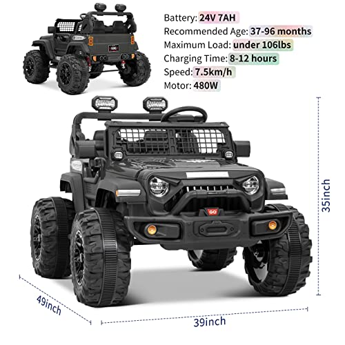 24V 2 Seater Ride on Truck with Remote Control for Kids,480w Motor Electric Cars Kids Electric Vehicles Truck Battery Powered Car Spacious,Large-Capacity Trunk,4-axis Spring Suspension (Black) by Kimbosmart