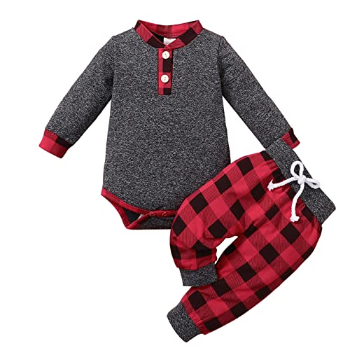 FOCICI Newborn Baby Boy Clothes Fall Winter Infant Outfits For Boys Long Sleeve Button Romper and Plaid Pants 2pcs Set Red 3-6 Momths from 