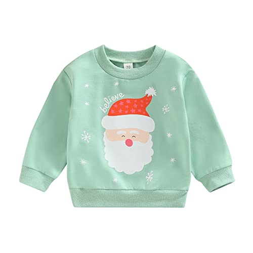 Toddler Girl Boy Christmas Shrit Baby Santa Outfit Crewneck Sweatshirt Long Sleeve Sweater Holiday Sister Matching Clothes 6-12 Months C Santa Print Mint Green by 