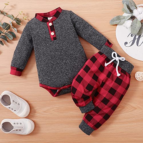 FOCICI Newborn Baby Boy Clothes Fall Winter Infant Outfits For Boys Long Sleeve Button Romper and Plaid Pants 2pcs Set Red 3-6 Momths from 