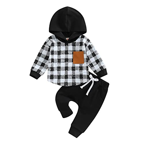 Kids Toddler Baby Boys Fall Winter Outfits Plaid Shirt Suit Clothes Long Sleeve Hooded Jacket + Pants Set Spring (1-Black, 18-24 Months) by Bingqiling