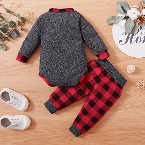 FOCICI Newborn Baby Boy Clothes Fall Winter Infant Outfits For Boys Long Sleeve Button Romper and Plaid Pants 2pcs Set Red 3-6 Momths from 
