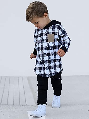 Kids Toddler Baby Boys Fall Winter Outfits Plaid Shirt Suit Clothes Long Sleeve Hooded Jacket + Pants Set Spring (1-Black, 18-24 Months) by Bingqiling
