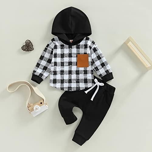 Kids Toddler Baby Boys Fall Winter Outfits Plaid Shirt Suit Clothes Long Sleeve Hooded Jacket + Pants Set Spring (1-Black, 18-24 Months) by Bingqiling