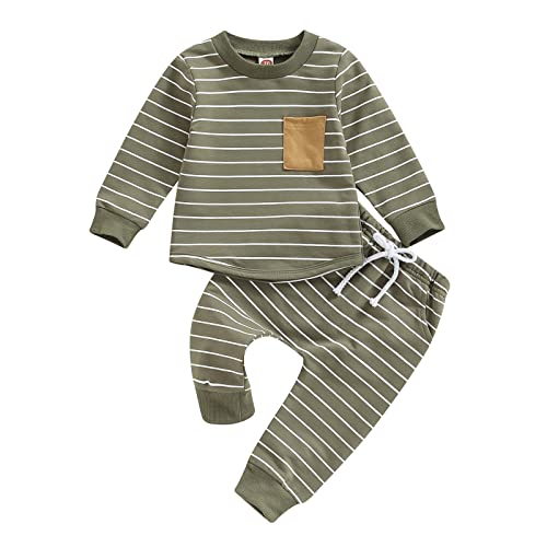 Toddler Baby Boys Playwear Outfits Striped Print Long Sleeve Sweatshirt Tops and Drawstring Pants Clothing Sets (Army Green, 12-18 Months) from Sejardin