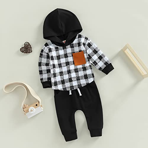Kids Toddler Baby Boys Fall Winter Outfits Plaid Shirt Suit Clothes Long Sleeve Hooded Jacket + Pants Set Spring (1-Black, 18-24 Months) by Bingqiling
