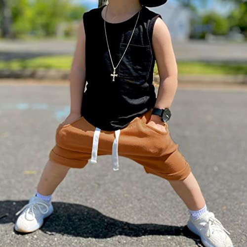 Toddler Baby Boy Summer Clothes Set Sleeveless Tank Tops T-Shirt+ Shorts Outfits Drawstring Short Casual Outfits (Black, 6-12 Months) by LIOMENGZI