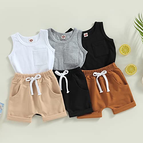 Toddler Baby Boy Summer Clothes Set Sleeveless Tank Tops T-Shirt+ Shorts Outfits Drawstring Short Casual Outfits (Black, 6-12 Months) by LIOMENGZI