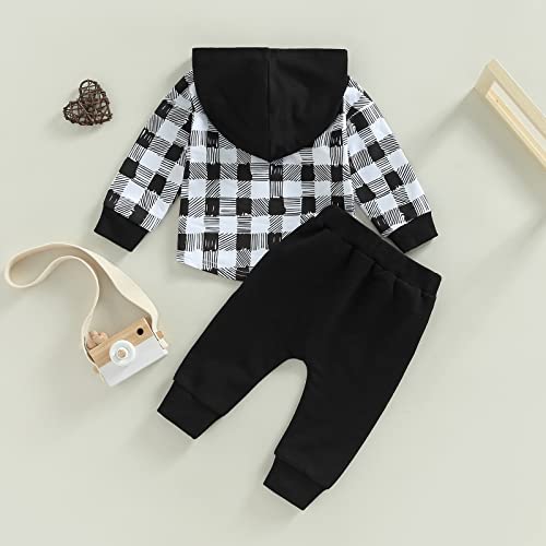 Kids Toddler Baby Boys Fall Winter Outfits Plaid Shirt Suit Clothes Long Sleeve Hooded Jacket + Pants Set Spring (1-Black, 18-24 Months) by Bingqiling