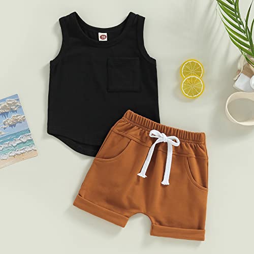 Toddler Baby Boy Summer Clothes Set Sleeveless Tank Tops T-Shirt+ Shorts Outfits Drawstring Short Casual Outfits (Black, 6-12 Months) by LIOMENGZI