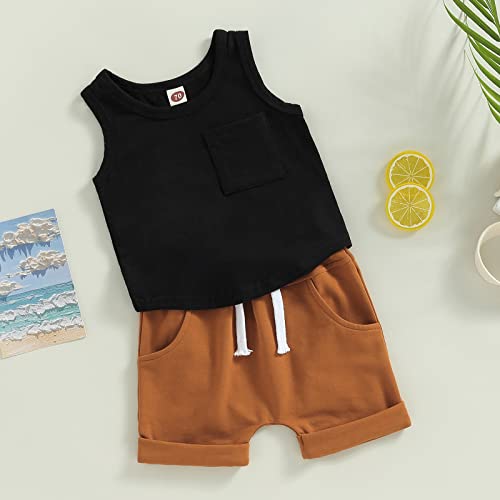 Toddler Baby Boy Summer Clothes Set Sleeveless Tank Tops T-Shirt+ Shorts Outfits Drawstring Short Casual Outfits (Black, 6-12 Months) by LIOMENGZI