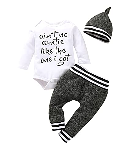 Aint No Auntie Like The One I Get Baby Boy Clothes Auntie Saying Letter Print Long Sleeve Romper Pants Hats (White, 0-3 Months) by MA&BABY