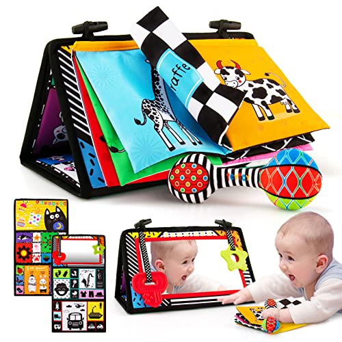 3-in-1 Tummy Time Mirror Toys with Soft Crinkle 3D Activity Book,Teethers, Rattle,High Contrast Black and White Montessori Baby Crawling Toys Developmental Newborn Infant Sensory Toys Gift 0-12 Months by teytoy