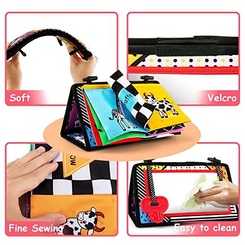 3-in-1 Tummy Time Mirror Toys with Soft Crinkle 3D Activity Book,Teethers, Rattle,High Contrast Black and White Montessori Baby Crawling Toys Developmental Newborn Infant Sensory Toys Gift 0-12 Months by teytoy