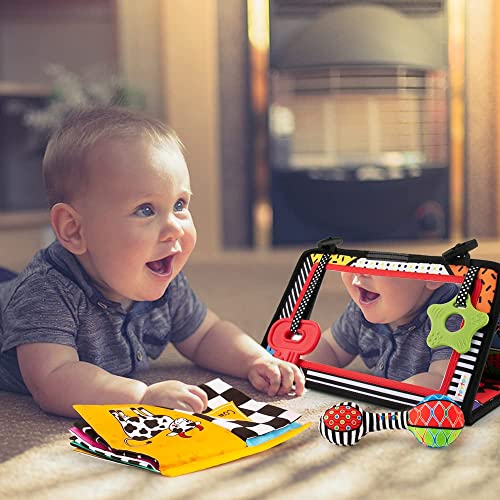 3-in-1 Tummy Time Mirror Toys with Soft Crinkle 3D Activity Book,Teethers, Rattle,High Contrast Black and White Montessori Baby Crawling Toys Developmental Newborn Infant Sensory Toys Gift 0-12 Months by teytoy