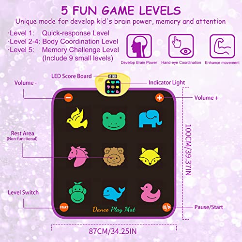 Dance Mat for Kids Ages 4-8, Electronic Dance Pad Game for Girls Ages 8-12 with Light Up Button, Dance Toys with 5 Challenge Levels, Built-in Music, Birthday Gifts for 3 4 5 6 7 8 9+ Year Old Girls by TLDM04