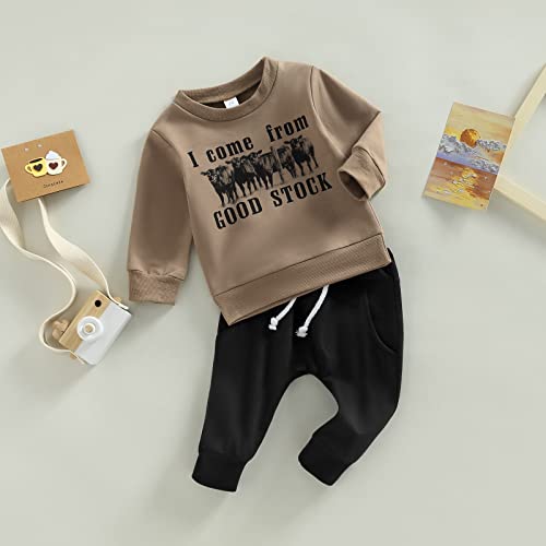 Lamuusaa Western Baby Boy Clothes Cow Print Crewneck Pullover Sweatshirt Drawstring Jogger Pants 2Pcs Fall Winter Outfit (Coffee, 0-6 Months) from Lamuusaa