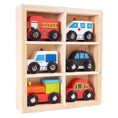 Hey! Play! Wooden Car PlaySet-6-Piece Mini Toy Vehicle Set with Cars, Police and Fire Trucks, Train-Pretend Play Fun for Preschool Boys and Girls by Trademark Global