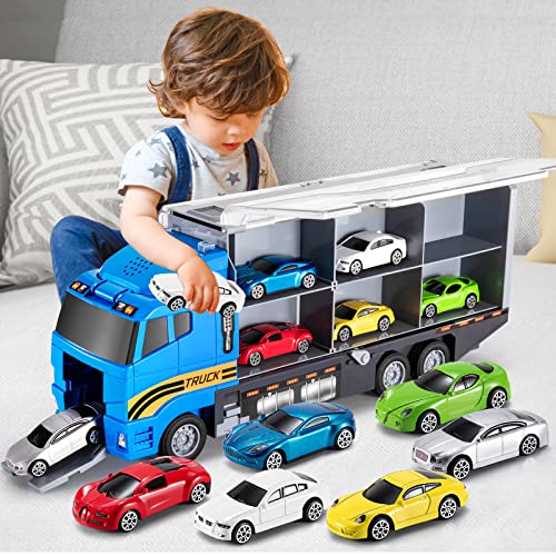 TEMI Toddler Toys for 3 4 5 6 Years Old Boys, Transport Cars Carrier Set Truck Toys w/ Play Mat, Die-cast Vehicles Truck Toys Cars, Alloy Metal Race Model Car Toys Set for Age 3-9 Kids Boys & Girls by TEMI