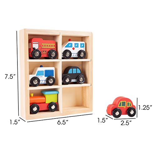 Hey! Play! Wooden Car PlaySet-6-Piece Mini Toy Vehicle Set with Cars, Police and Fire Trucks, Train-Pretend Play Fun for Preschool Boys and Girls by Trademark Global