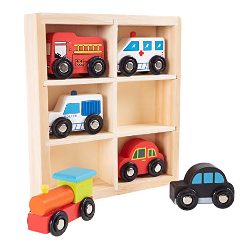 Hey! Play! Wooden Car PlaySet-6-Piece Mini Toy Vehicle Set with Cars, Police and Fire Trucks, Train-Pretend Play Fun for Preschool Boys and Girls by Trademark Global