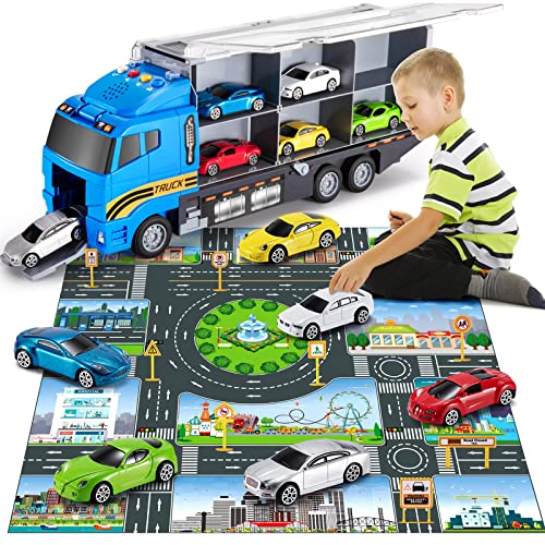 TEMI Toddler Toys for 3 4 5 6 Years Old Boys, Transport Cars Carrier Set Truck Toys w/ Play Mat, Die-cast Vehicles Truck Toys Cars, Alloy Metal Race Model Car Toys Set for Age 3-9 Kids Boys & Girls by TEMI