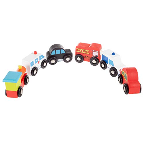 Hey! Play! Wooden Car PlaySet-6-Piece Mini Toy Vehicle Set with Cars, Police and Fire Trucks, Train-Pretend Play Fun for Preschool Boys and Girls by Trademark Global