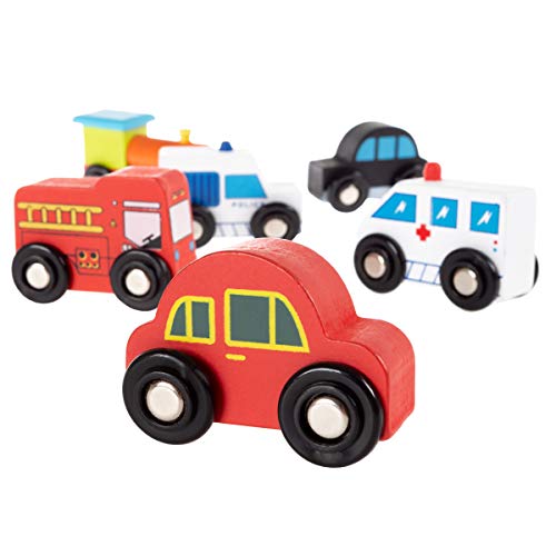 Hey! Play! Wooden Car PlaySet-6-Piece Mini Toy Vehicle Set with Cars, Police and Fire Trucks, Train-Pretend Play Fun for Preschool Boys and Girls by Trademark Global