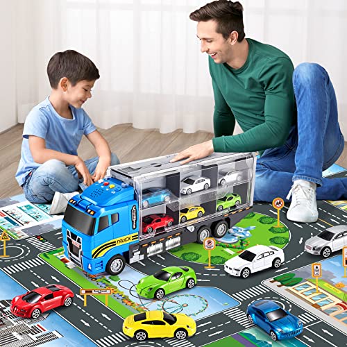 TEMI Toddler Toys for 3 4 5 6 Years Old Boys, Transport Cars Carrier Set Truck Toys w/ Play Mat, Die-cast Vehicles Truck Toys Cars, Alloy Metal Race Model Car Toys Set for Age 3-9 Kids Boys & Girls by TEMI