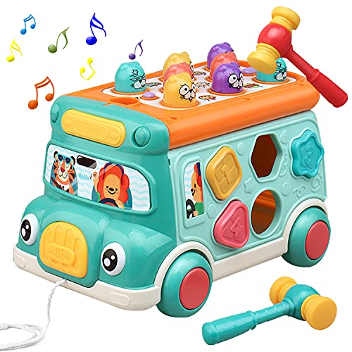 Cute Stone Push Pull Bus Toy, Baby Musical Learning Toys with Sound & Light, Whack-a-Mole Game, Shape Matching, Gear, Toy Clock, Activity Bus Toy Early Education Gift for Toddler Boys Girls by Cute Stone