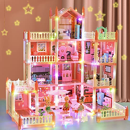 Dollhouse for Girls, DIY House Accessories Playhouse with Furniture and Rooms, Miniature Pretend Play Dreamhouse with Lights for Kids, Portable Building Dolls Playset Toys Kit Gift for Ages 6+ by LUYE