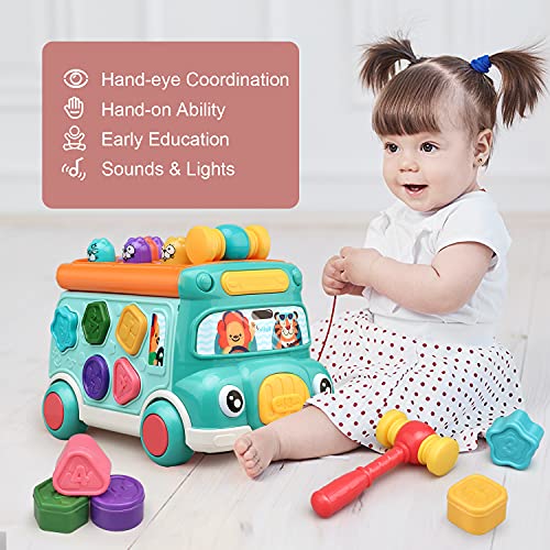 Cute Stone Push Pull Bus Toy, Baby Musical Learning Toys with Sound & Light, Whack-a-Mole Game, Shape Matching, Gear, Toy Clock, Activity Bus Toy Early Education Gift for Toddler Boys Girls by Cute Stone