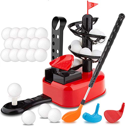 Kids Golf Trainer Toys Set - Deluxe Junior Golfer Automatic Tee Machine with 15 Balls, Golf Club and 3 Heads | Indoor Exercise Practice Swing | Outdoor Yard Active Lawn Activity Training Equipment by Liberty Imports