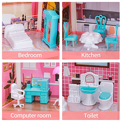 Dollhouse for Girls, DIY House Accessories Playhouse with Furniture and Rooms, Miniature Pretend Play Dreamhouse with Lights for Kids, Portable Building Dolls Playset Toys Kit Gift for Ages 6+ by LUYE