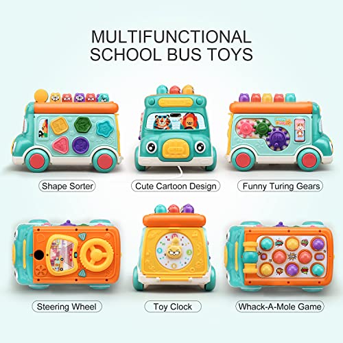 Cute Stone Push Pull Bus Toy, Baby Musical Learning Toys with Sound & Light, Whack-a-Mole Game, Shape Matching, Gear, Toy Clock, Activity Bus Toy Early Education Gift for Toddler Boys Girls by Cute Stone