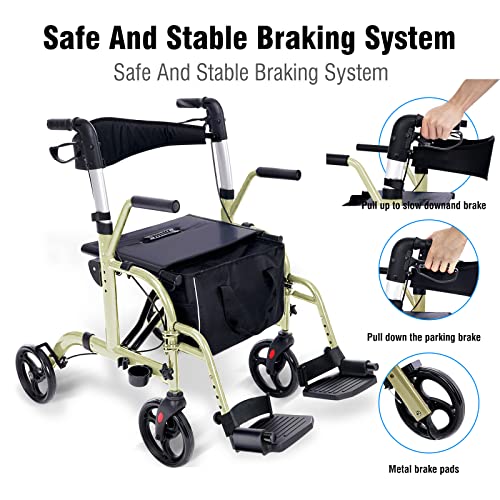 WINLOVE 2 in 1 Rollator Walker Wheelchair for Seniors and Adults Transportation Foldable Compact Stable Lightweight Alumium with Backrest Rolling (Champagne) from WINLOVE