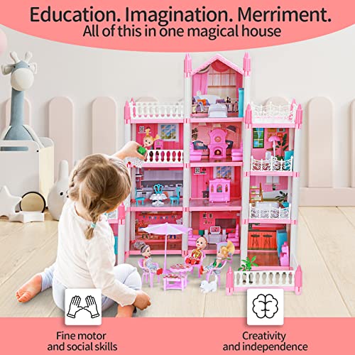 Dollhouse for Girls, DIY House Accessories Playhouse with Furniture and Rooms, Miniature Pretend Play Dreamhouse with Lights for Kids, Portable Building Dolls Playset Toys Kit Gift for Ages 6+ by LUYE