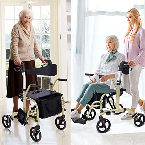 WINLOVE 2 in 1 Rollator Walker Wheelchair for Seniors and Adults Transportation Foldable Compact Stable Lightweight Alumium with Backrest Rolling (Champagne) from WINLOVE