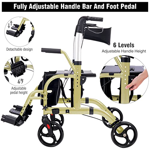 WINLOVE 2 in 1 Rollator Walker Wheelchair for Seniors and Adults Transportation Foldable Compact Stable Lightweight Alumium with Backrest Rolling (Champagne) from WINLOVE
