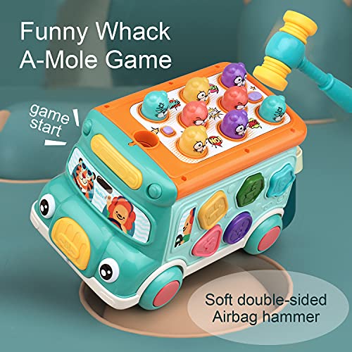 Cute Stone Push Pull Bus Toy, Baby Musical Learning Toys with Sound & Light, Whack-a-Mole Game, Shape Matching, Gear, Toy Clock, Activity Bus Toy Early Education Gift for Toddler Boys Girls by Cute Stone