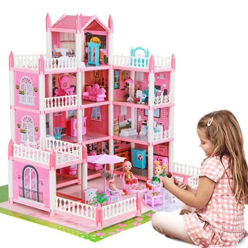Dollhouse for Girls, DIY House Accessories Playhouse with Furniture and Rooms, Miniature Pretend Play Dreamhouse with Lights for Kids, Portable Building Dolls Playset Toys Kit Gift for Ages 6+ by LUYE