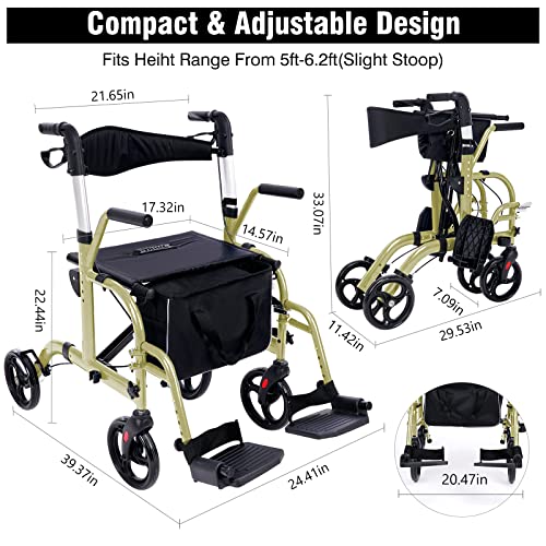 WINLOVE 2 in 1 Rollator Walker Wheelchair for Seniors and Adults Transportation Foldable Compact Stable Lightweight Alumium with Backrest Rolling (Champagne) from WINLOVE