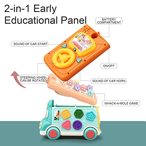 Cute Stone Push Pull Bus Toy, Baby Musical Learning Toys with Sound & Light, Whack-a-Mole Game, Shape Matching, Gear, Toy Clock, Activity Bus Toy Early Education Gift for Toddler Boys Girls by Cute Stone