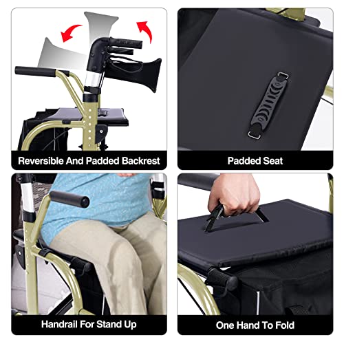 WINLOVE 2 in 1 Rollator Walker Wheelchair for Seniors and Adults Transportation Foldable Compact Stable Lightweight Alumium with Backrest Rolling (Champagne) from WINLOVE