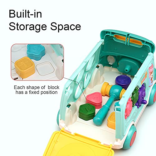 Cute Stone Push Pull Bus Toy, Baby Musical Learning Toys with Sound & Light, Whack-a-Mole Game, Shape Matching, Gear, Toy Clock, Activity Bus Toy Early Education Gift for Toddler Boys Girls by Cute Stone